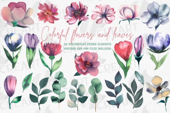 Colorful Watercolor Flowers & Greenery Graphics