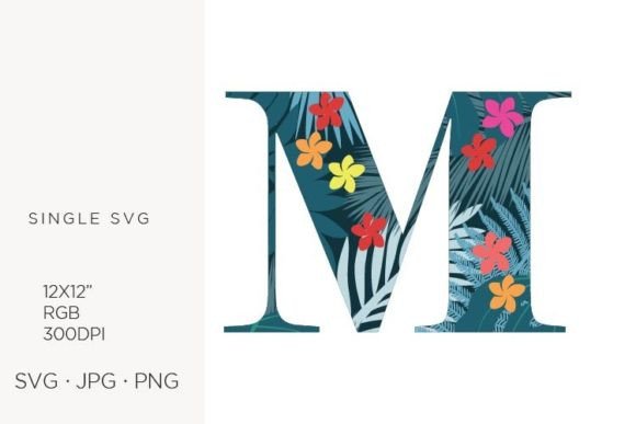 Palm Leaves and Flowers Inside Letter M Graphics & Icons