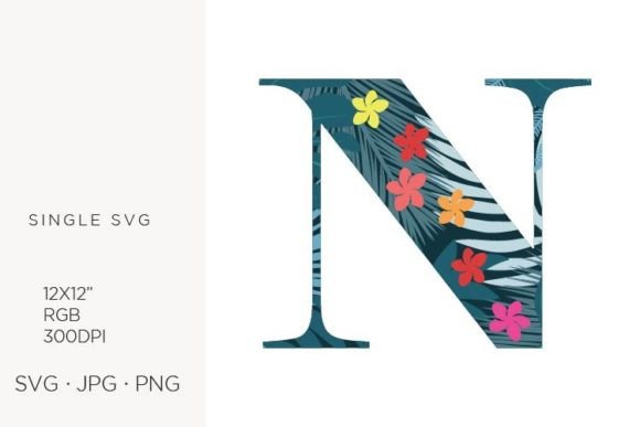 Palm Leaves and Flowers Inside Letter N Graphics & Icons