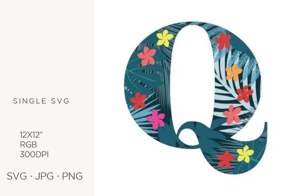 Palm Leaves and Flowers Inside Letter Q Graphics