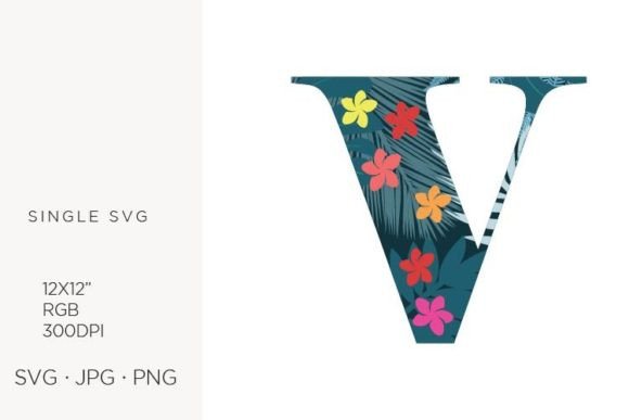 Palm Leaves and Flowers Inside Letter V Graphics & Icons